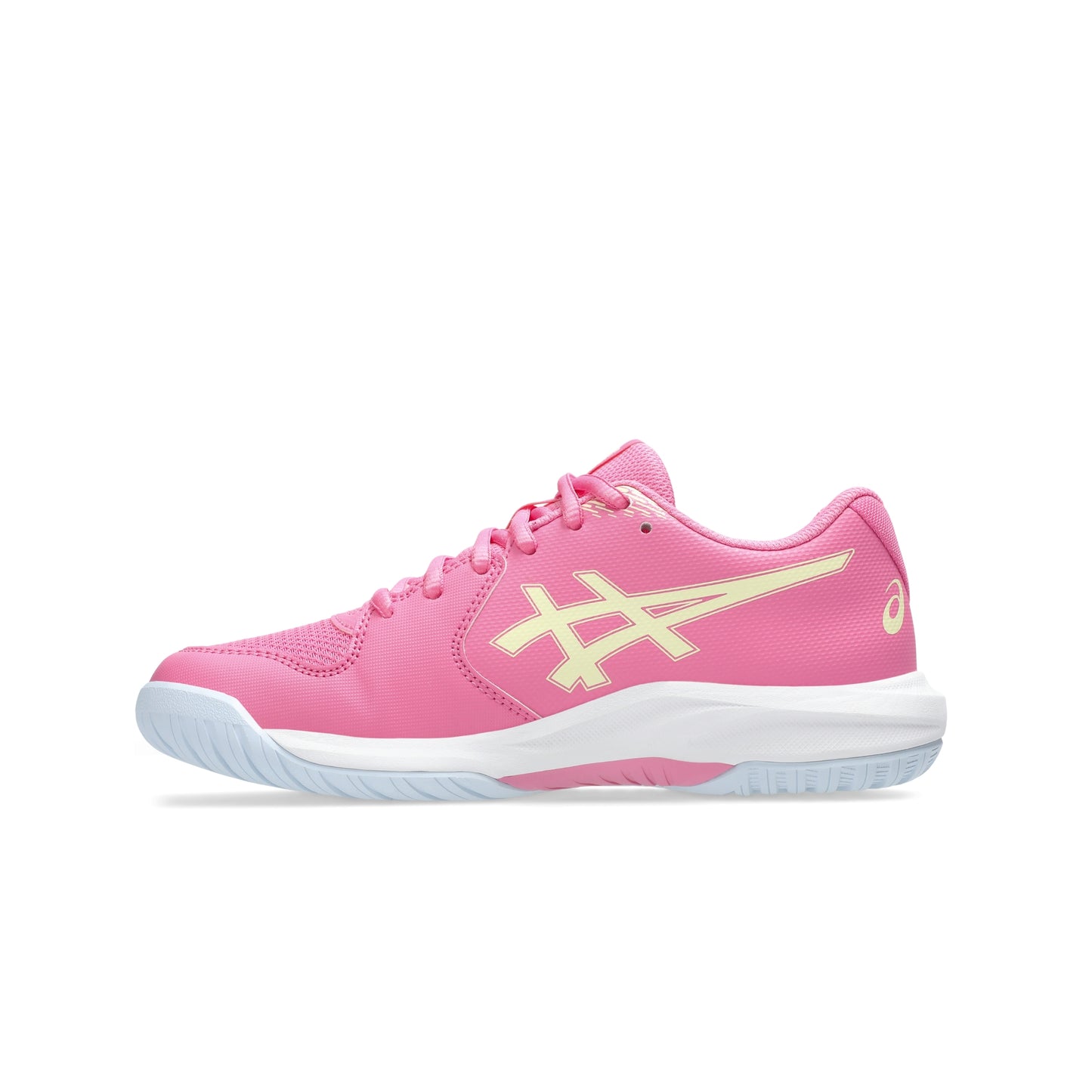 A pink tennis shoe with a light yellow Asics logo on the side, white midsole, and light blue outsole, shown in profile against a white background.