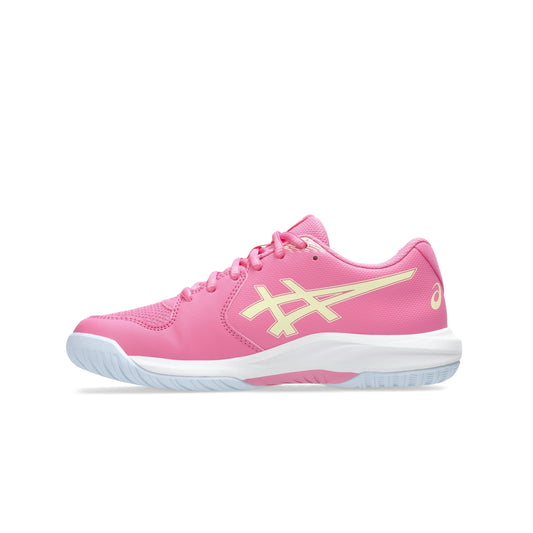 A pink tennis shoe with a light yellow Asics logo on the side, white midsole, and light blue outsole, shown in profile against a white background.