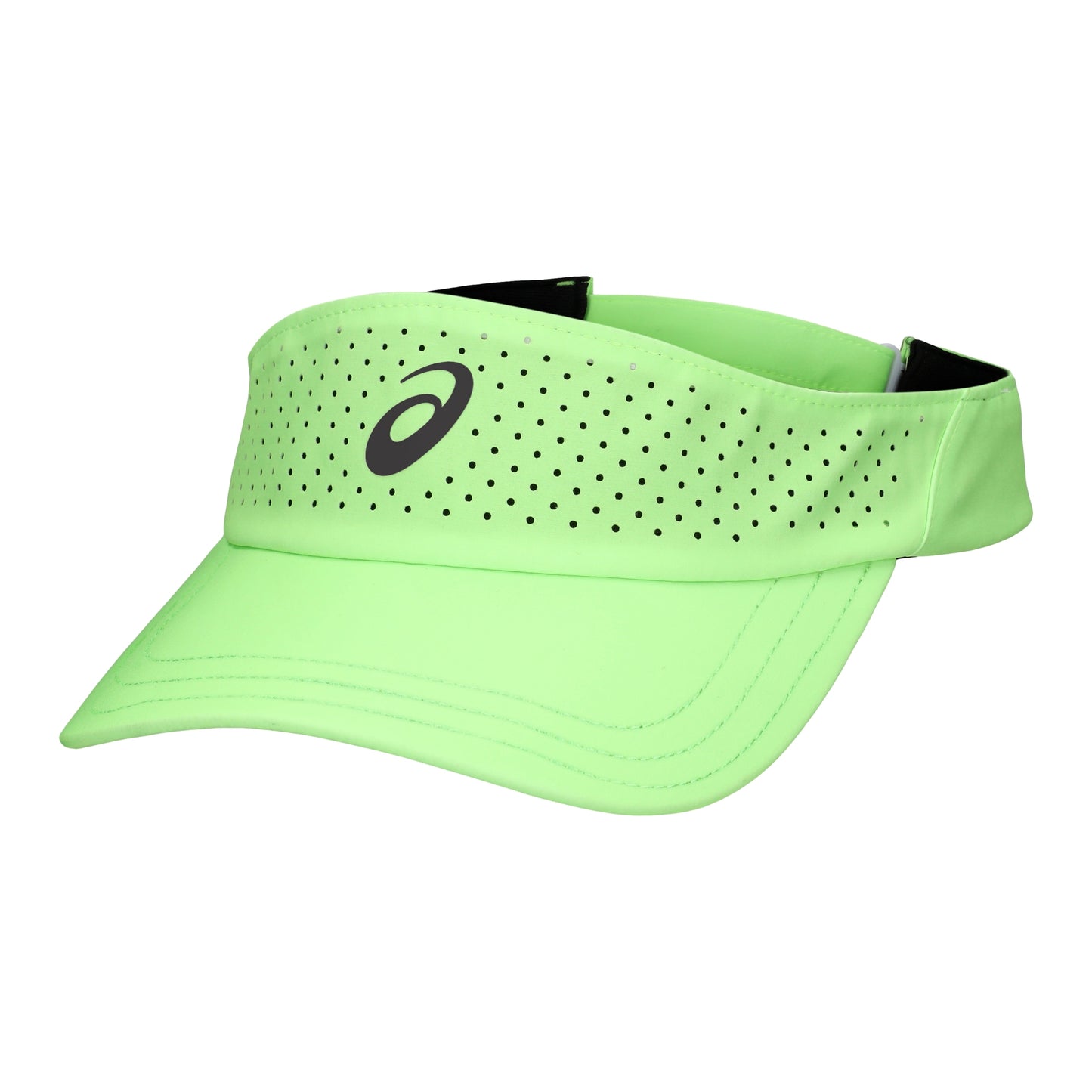 Green Asics visor with black logo on a white background