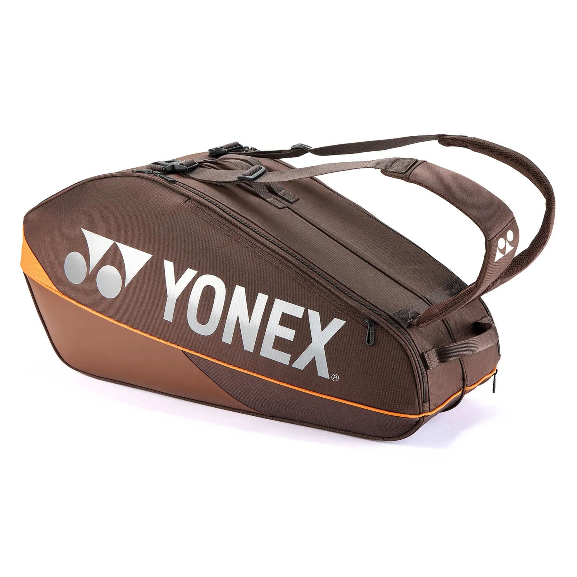 Brown Yonex racket bag on a white background