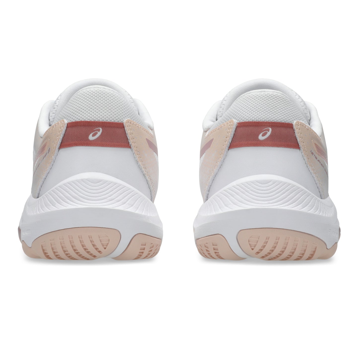 White and pink netball shoes with a red accent on a white background