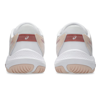 White and pink netball shoes with a red accent on a white background