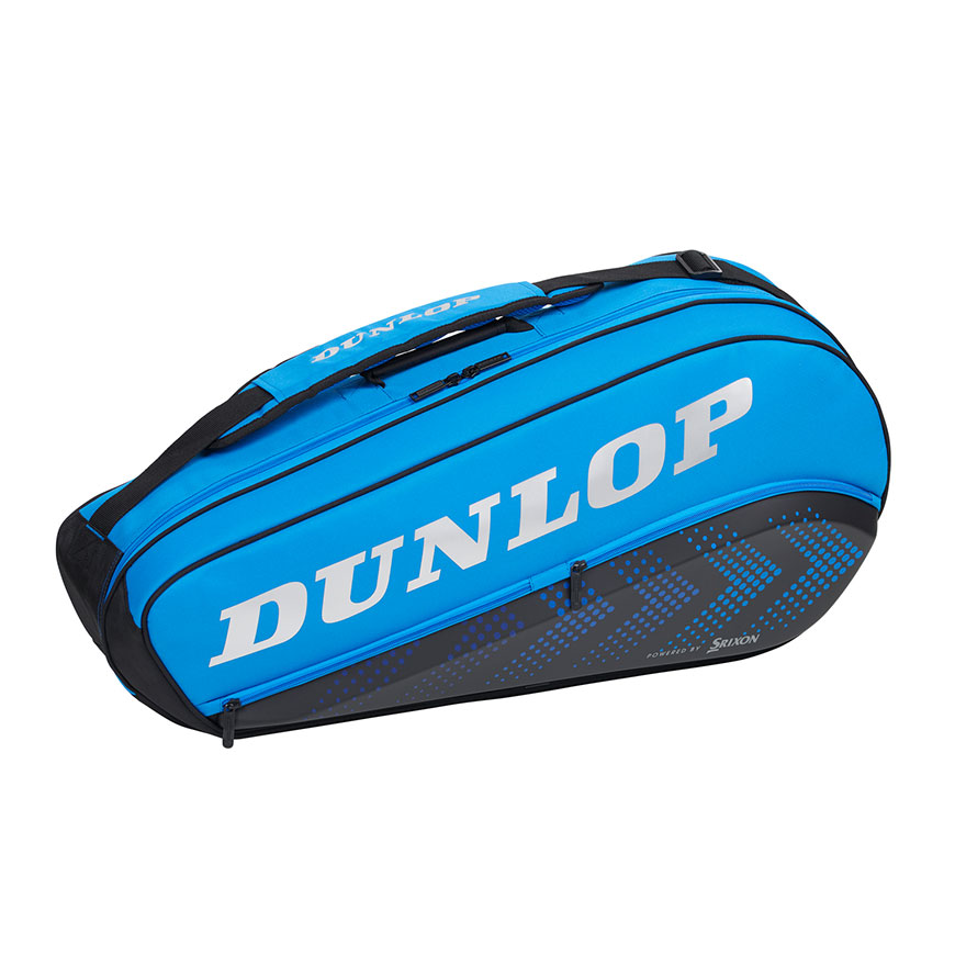 Dunlop blue and black 3 racket bag with Dunlop logo across the bag. 