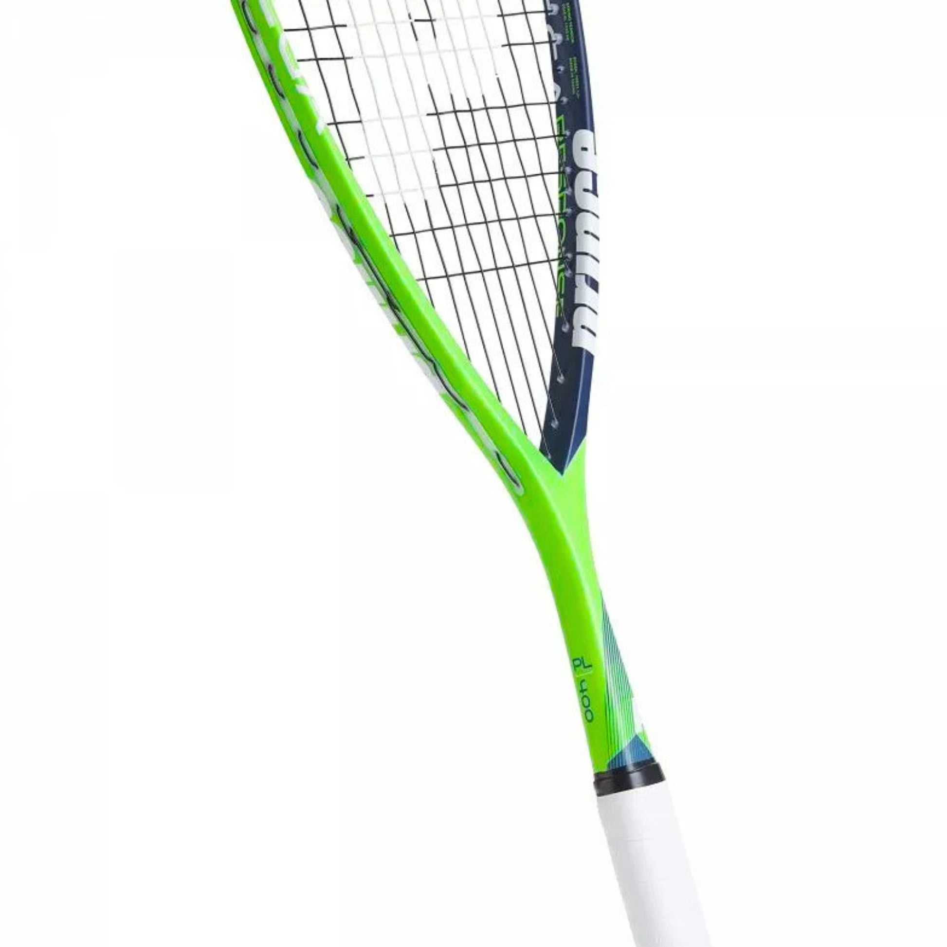 Close-up of a green and black Prince squash racket on a white background
