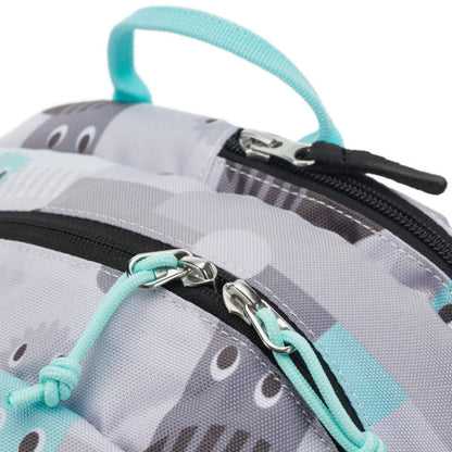 Close-up of a backpack with zippers and a handle on a white background