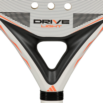 Close-up of a padel racket with 'Drive Light' branding on a white background