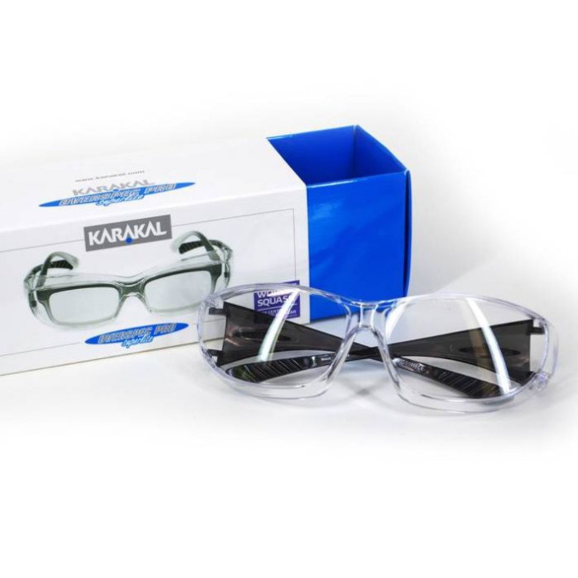 Clear safety glasses with a Karakal branded box on a white background