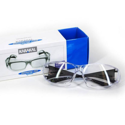 Clear safety glasses with a Karakal branded box on a white background