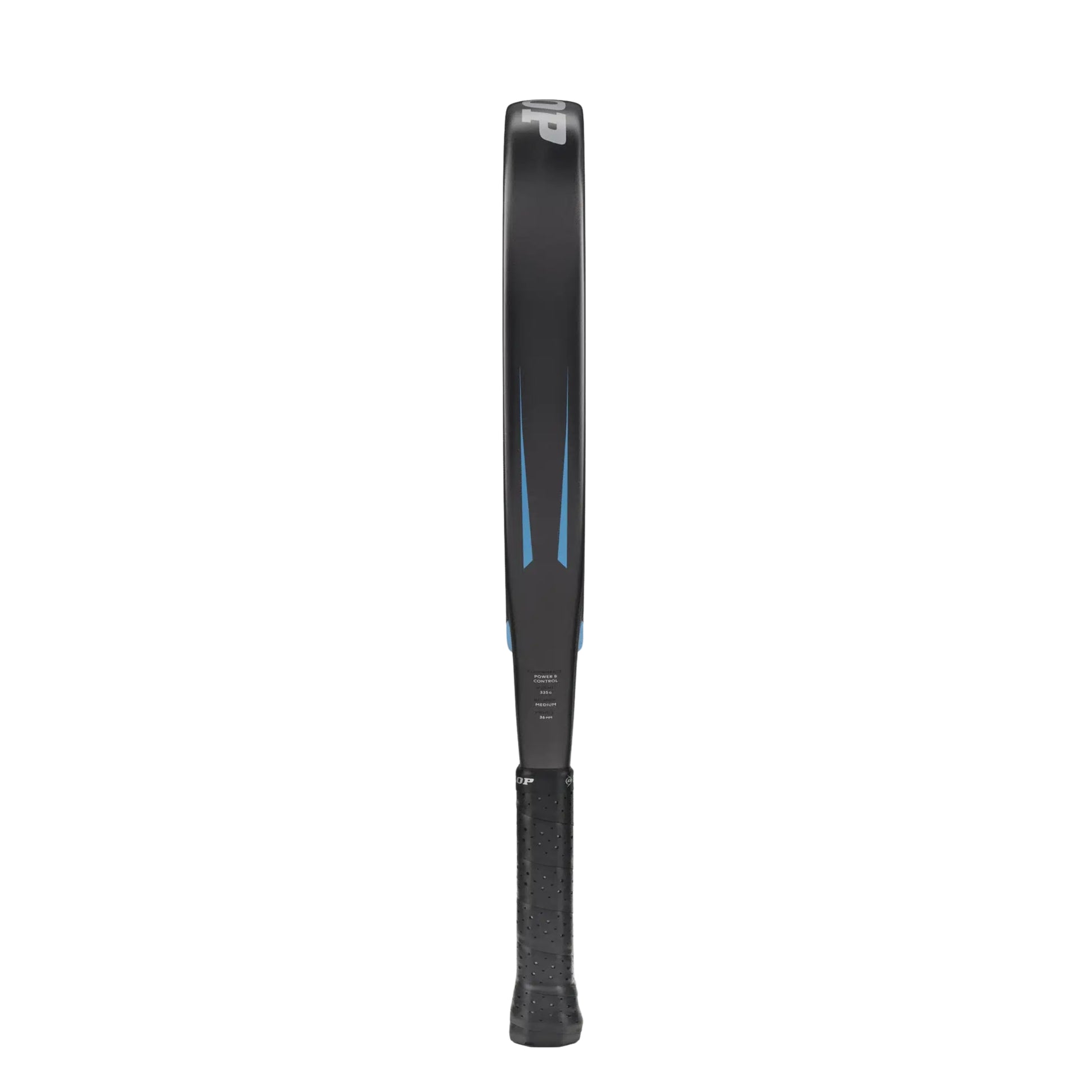Dunlop FX Jr Padel racket side view with blue and black design on a white background