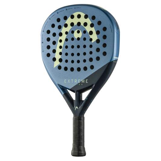 Blue and black padel racket with 'Extreme Motion' branding on a white background