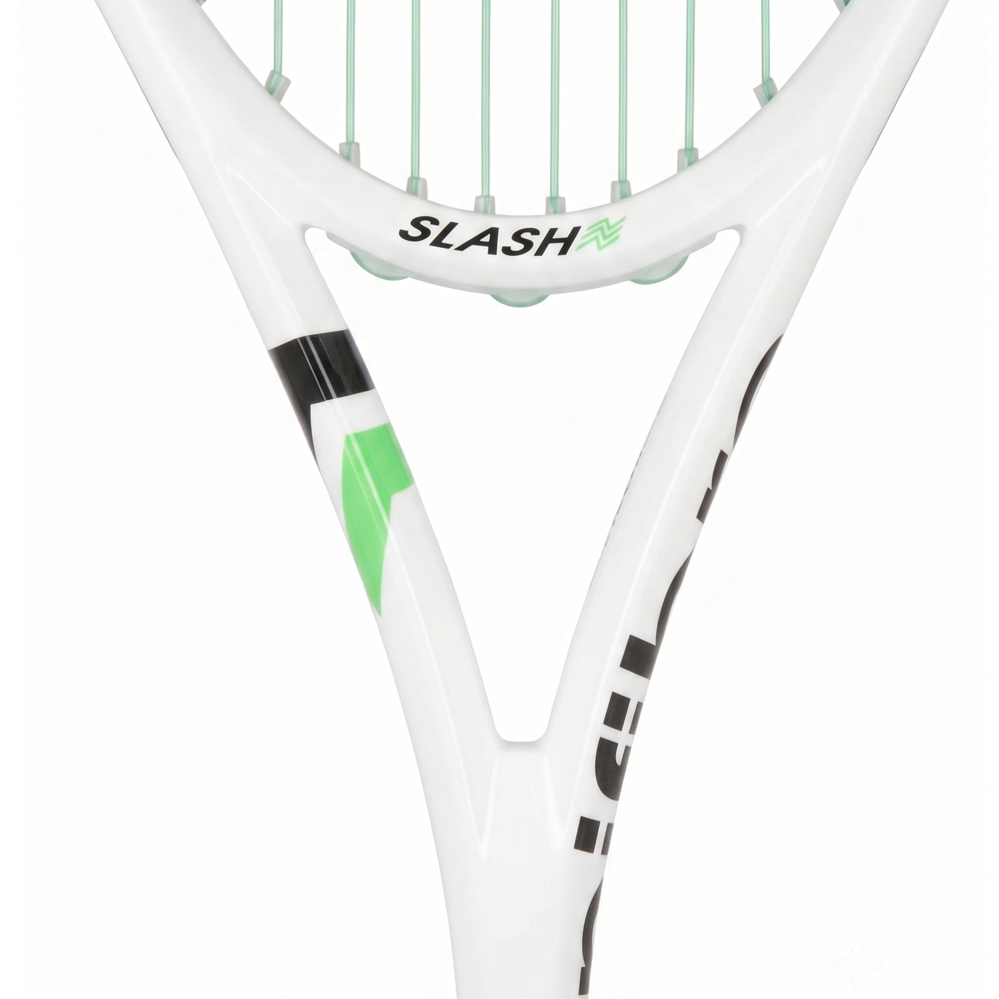 Close-up of a white Tecnifibre squash racket showing the throat, string bed, and part of the shaft with black and green branding details.