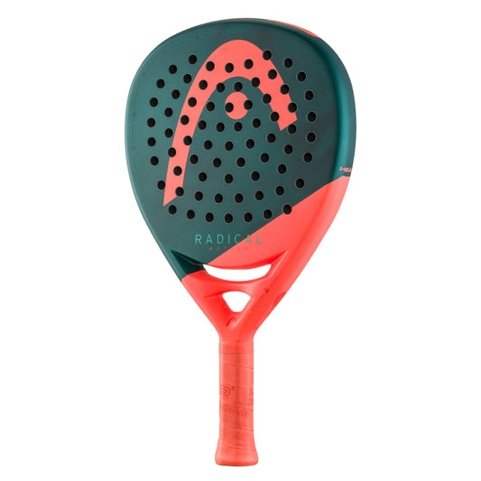 Head Radical padel racket with green and red design on a white background