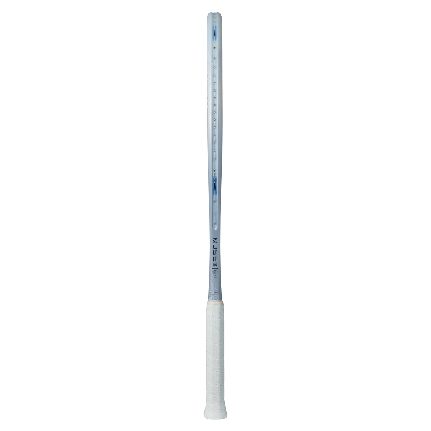 Gray Yonex tennis racket with a white handle and on a white background