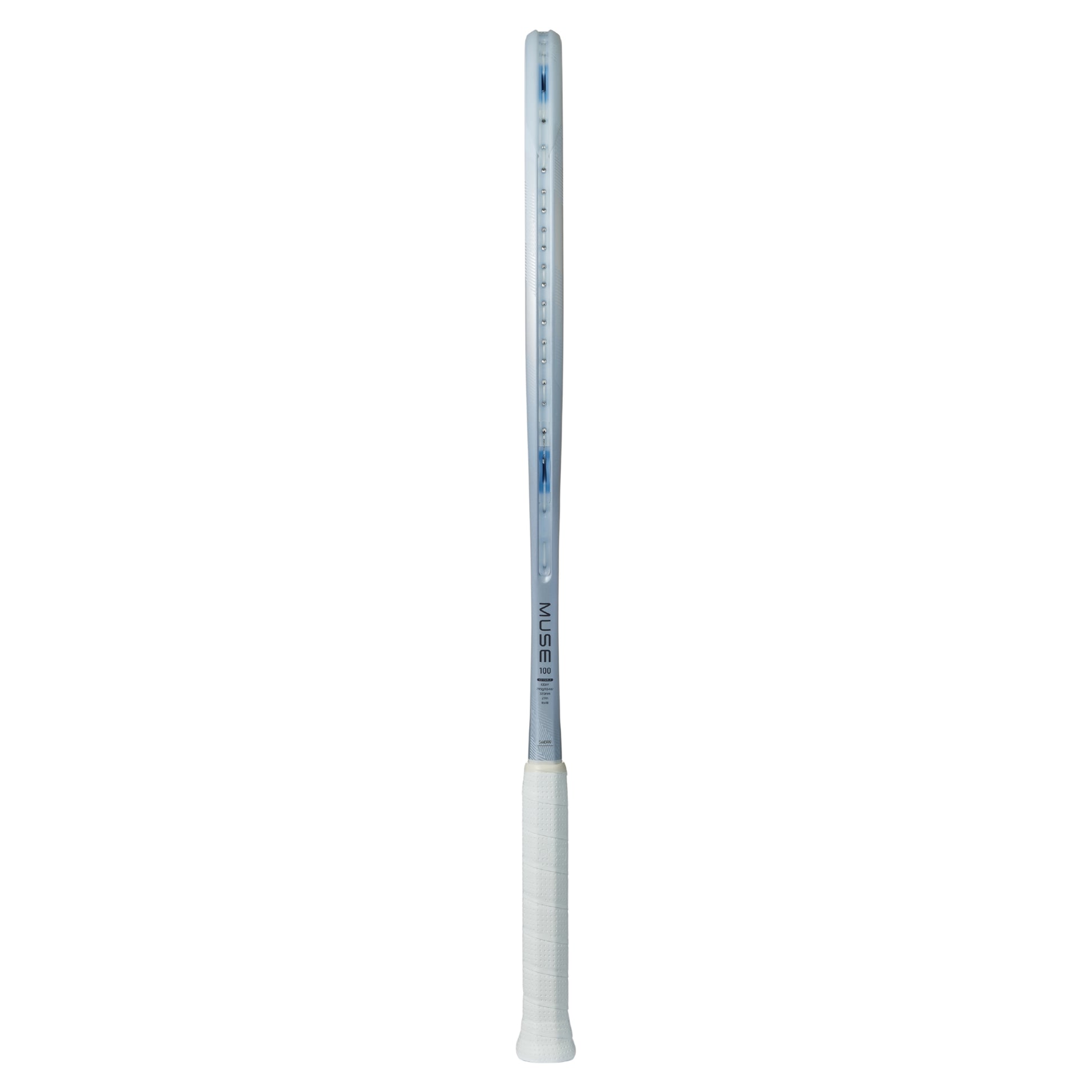 Gray Yonex tennis racket with a white handle and on a white background