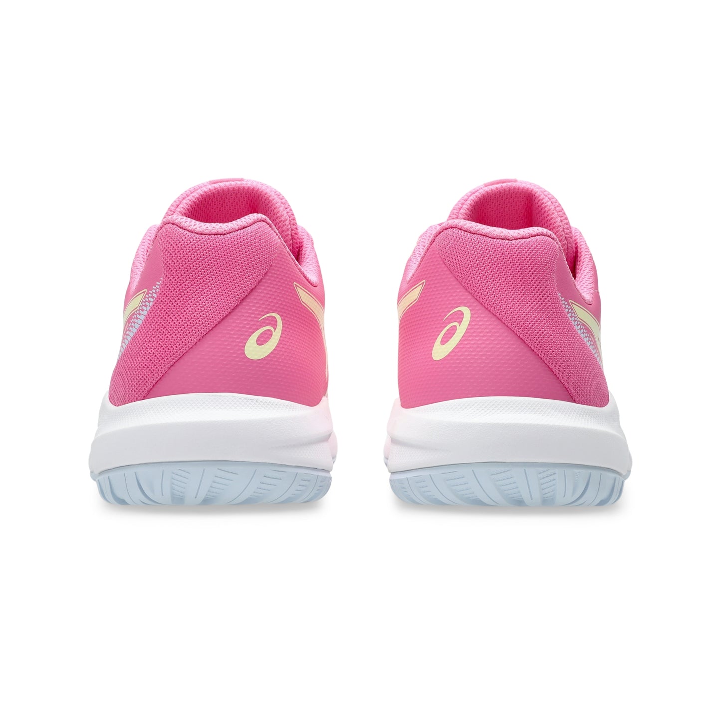 A pair of pink tennis shoes shown from the back, featuring a white midsole and light blue-gray outsole, with the Asics logo in pale yellow on the sides.