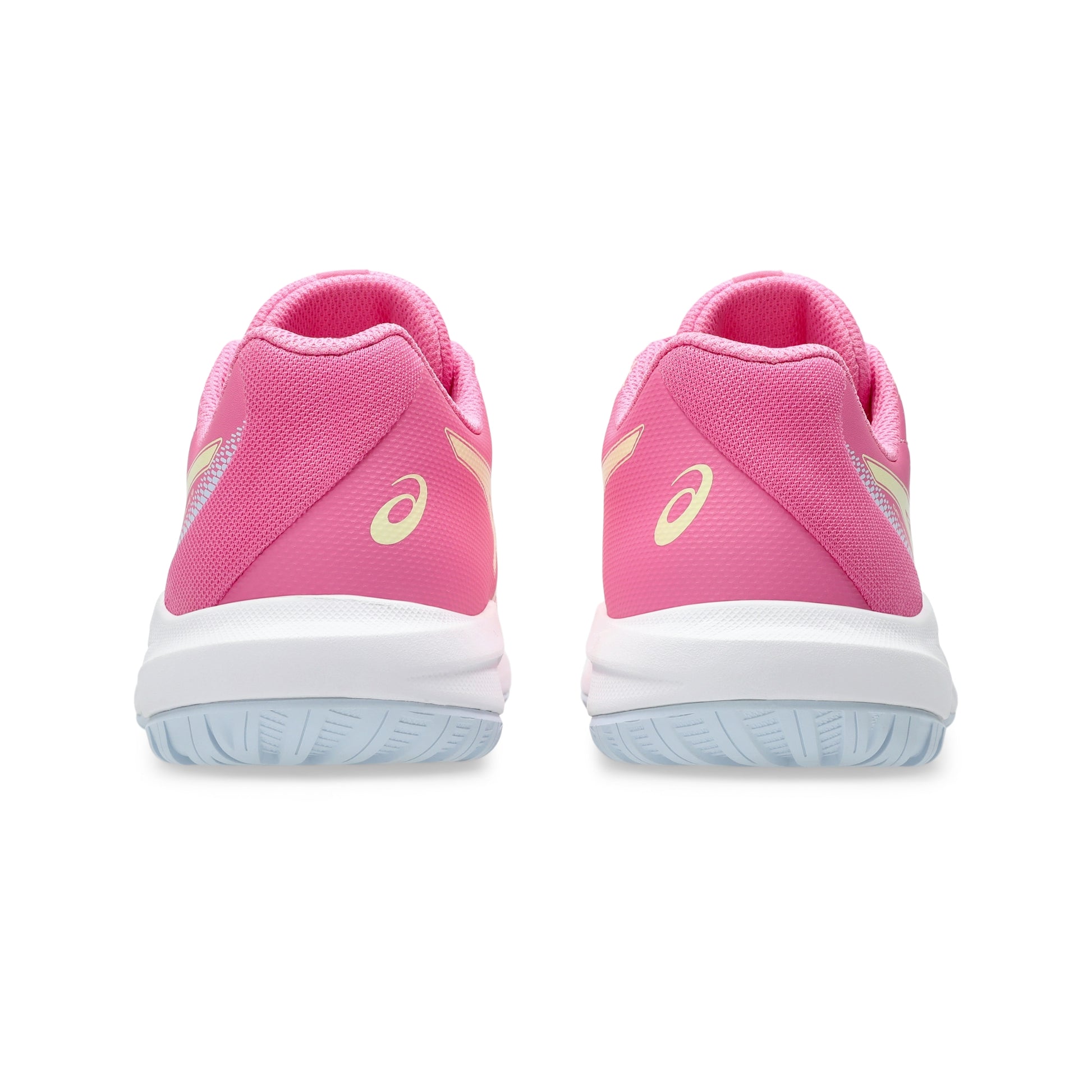 A pair of pink tennis shoes shown from the back, featuring a white midsole and light blue-gray outsole, with the Asics logo in pale yellow on the sides.