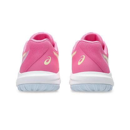 A pair of pink tennis shoes shown from the back, featuring a white midsole and light blue-gray outsole, with the Asics logo in pale yellow on the sides.