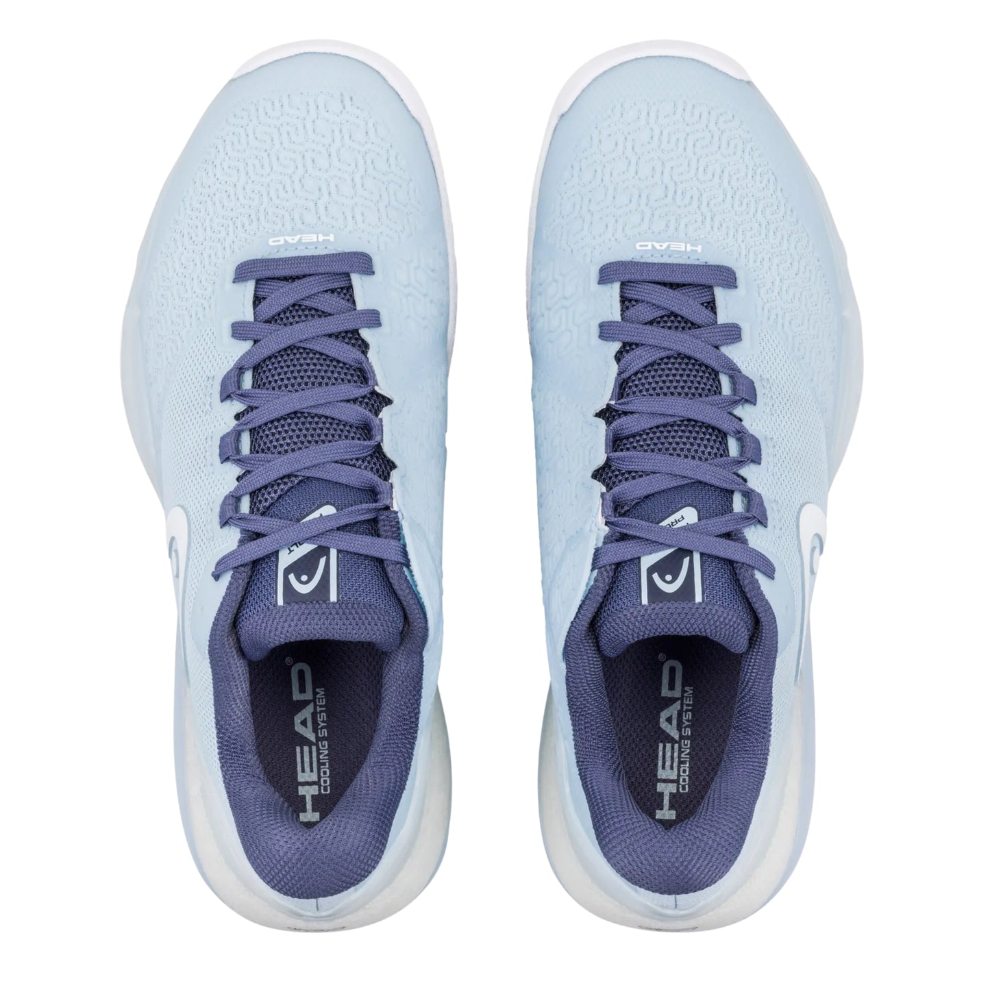 Pair of light blue Head tennis shoes with navy accents on a white background