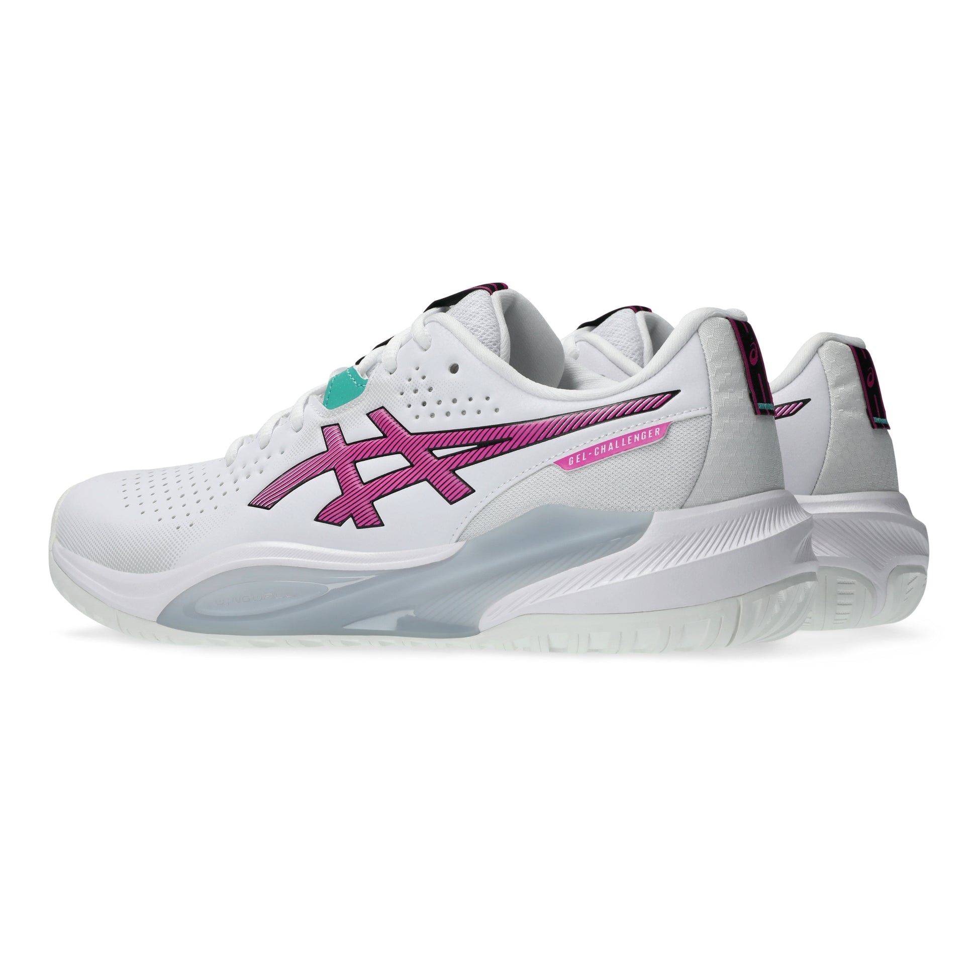 White tennis shoes with pink and green accents on a white background