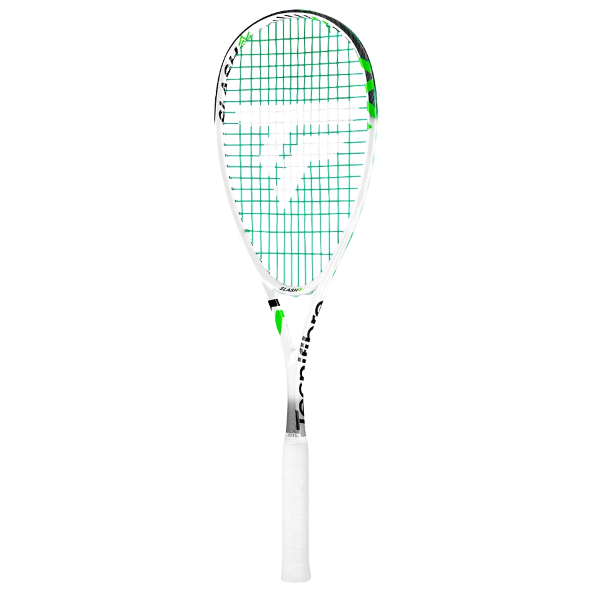 A white and green squash Tecnifibre  racket with a white grip, shown vertically against a plain white background.