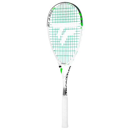 A white and green squash Tecnifibre  racket with a white grip, shown vertically against a plain white background.