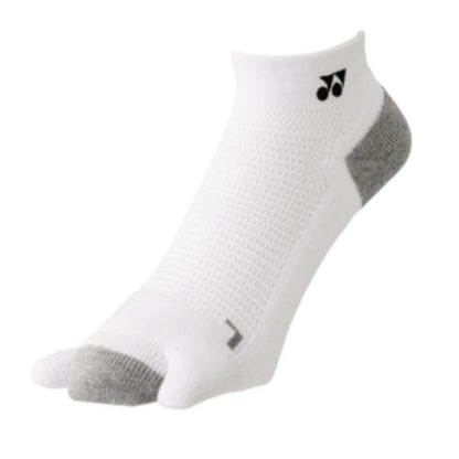 White ankle Yonex sock with gray toes and heels on a white background