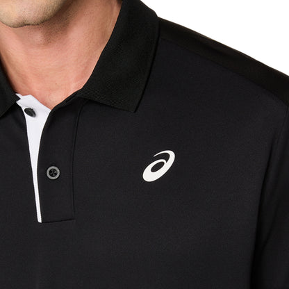 White logo on a black polo shirt, on a white background
