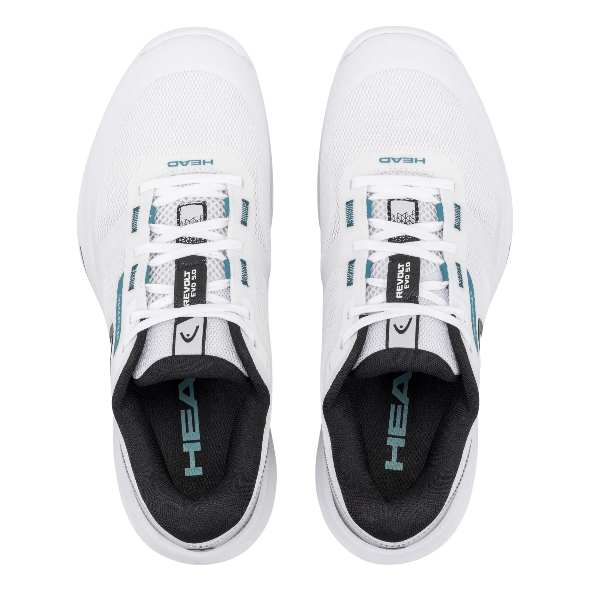 White Head tennis shoes with black soles and blue accents on a white background