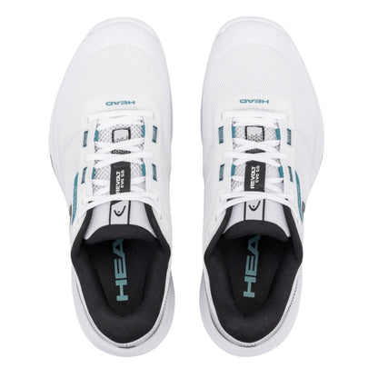 White Head tennis shoes with black soles and blue accents on a white background