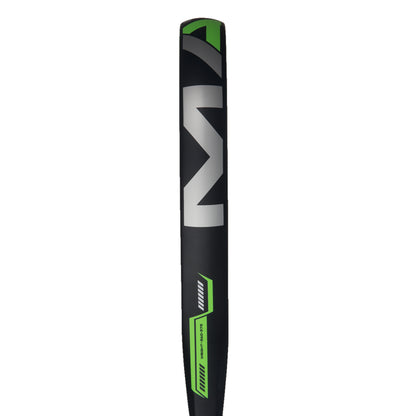 Padel racket with black and green design on a white background