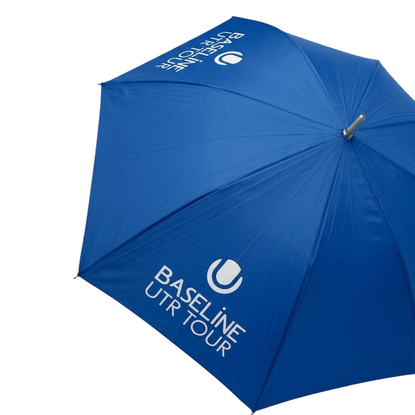 Blue umbrella with White Baseline UTR Tour logo