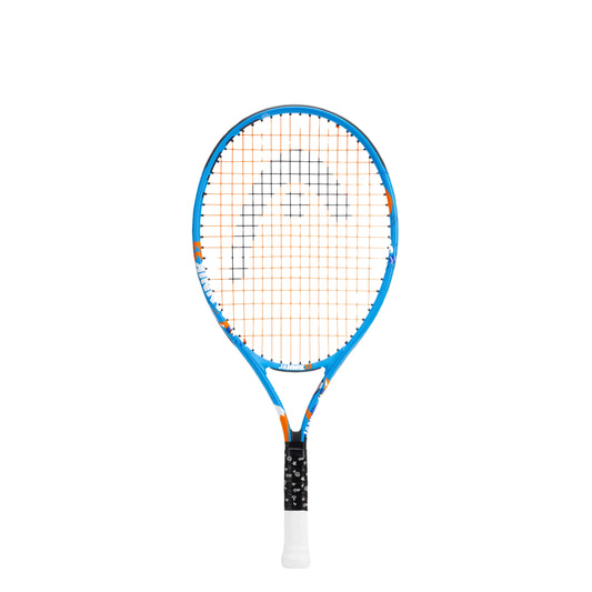 A Head tennis racket with a blue frame, orange accents, and white strings, shown against a plain white background.