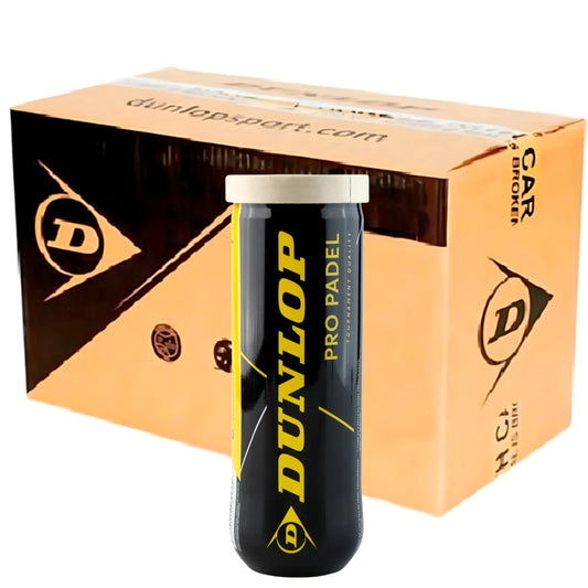 Dunlop Pro Padel packaging with a tube of balls in front of an orange box.