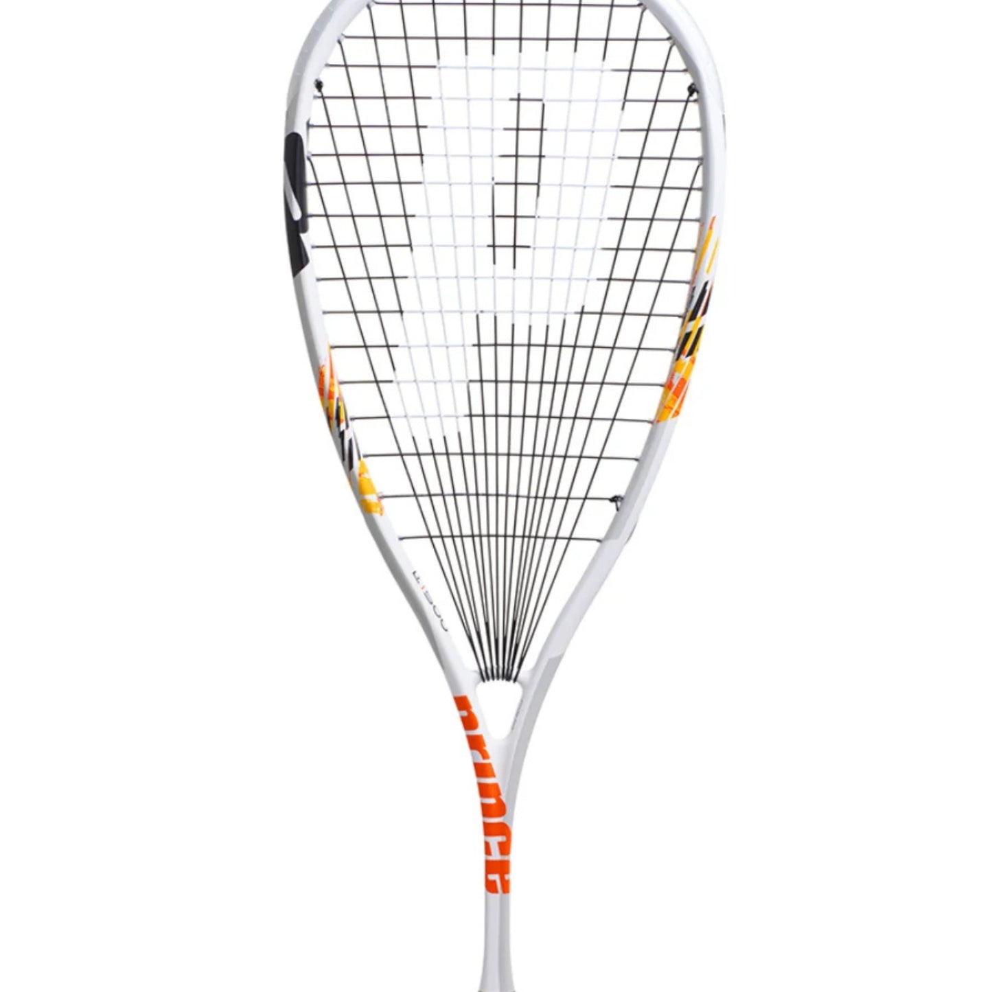 Prince Squash racket with white frame and orange accents on a white background