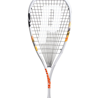 Prince Squash racket with white frame and orange accents on a white background