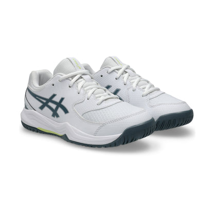 White and green Asics shoes on a white background
