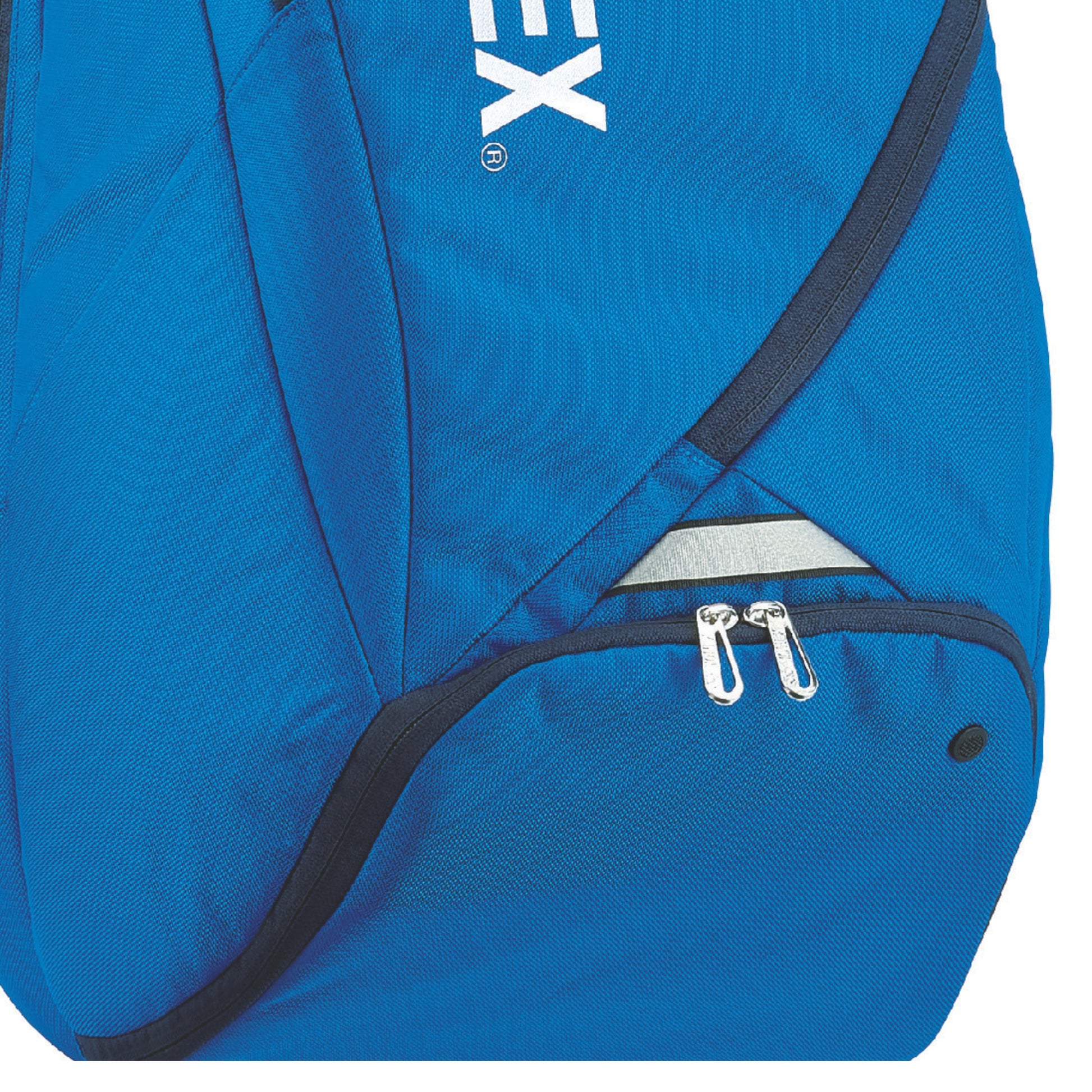 Blue backpack with a visible brand logo on a white background