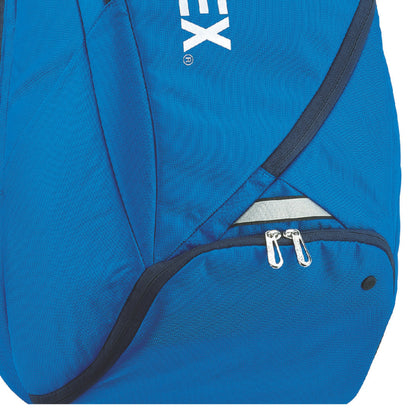 Blue backpack with a visible brand logo on a white background