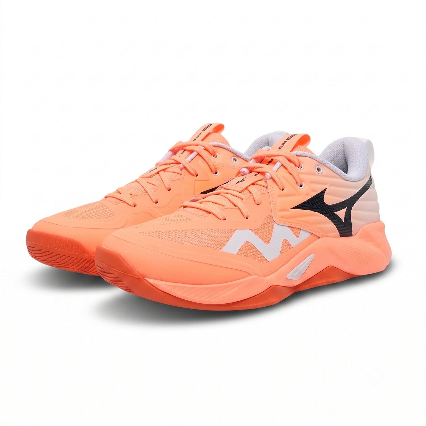 A pair of Mizuno squash shoe in a vibrant coral orange colorway, featuring a white and black logo design on the side, photographed against a clean white background.