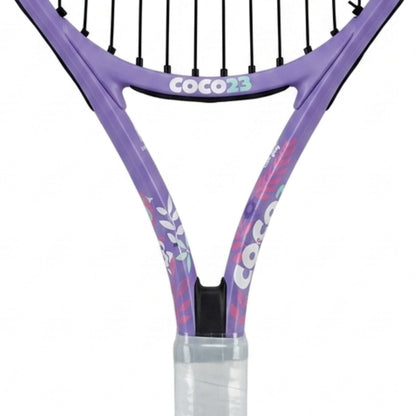 A close-up of a purple Head Coco 23 tennis racket showing the throat, strings, and part of the grip on a white background.