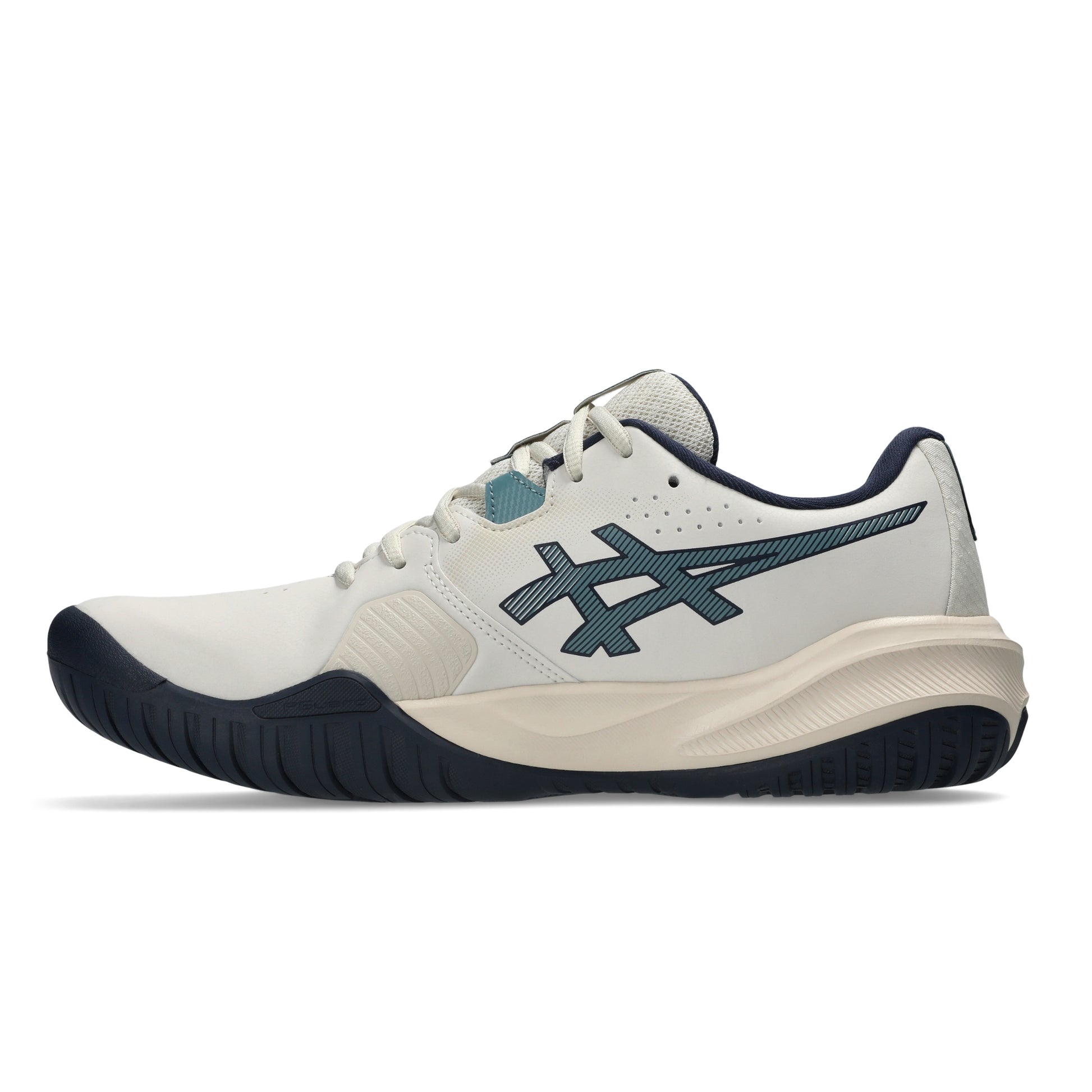 An Asics G-Challenger 15 tennis shoe in off-white with dark teal and navy accents, shown in a side profile on a white background.