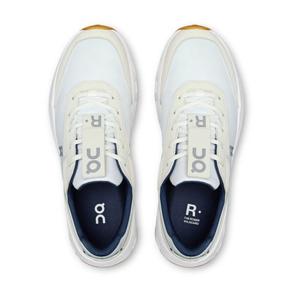 A pair of white and navy blue On tennis shoes shown from a top-down view on a clean white background.