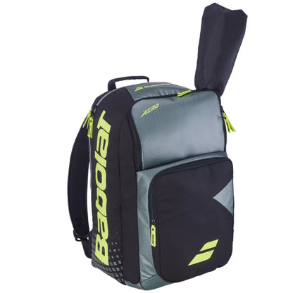 Gray and black Babolat backpack with yellow accents on a white background