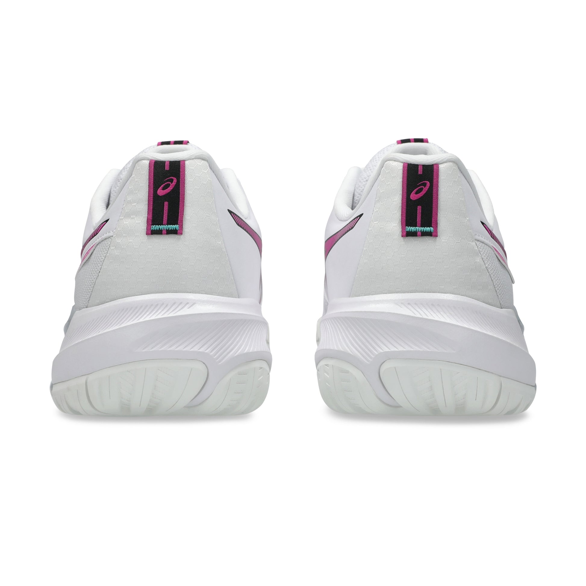 White tennis shoes with pink and black accents on a white background