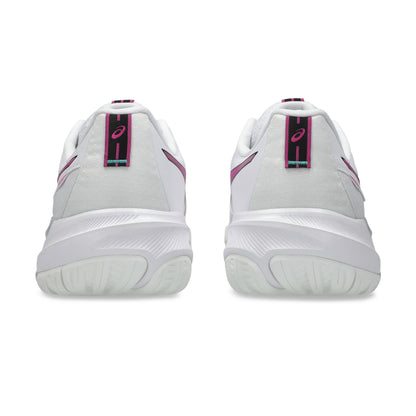 White tennis shoes with pink and black accents on a white background