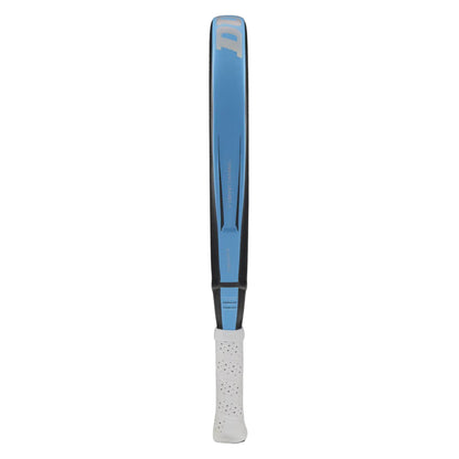 Dunlop padel racket with blue side and white handle on a white background