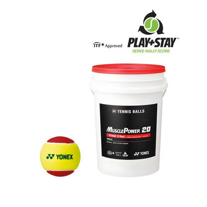 Yonex tennis ball with a white container labeled 'MusclePower 2.0' on a white background.