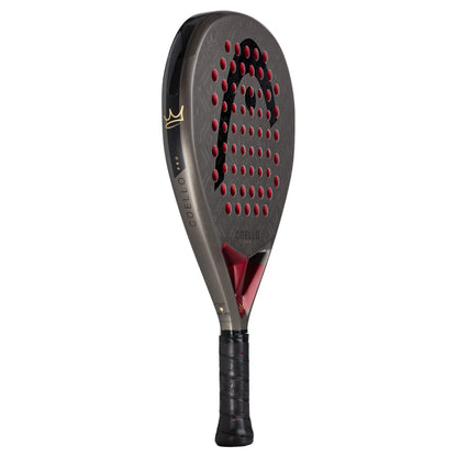 Padel racket with red and black design on a white background