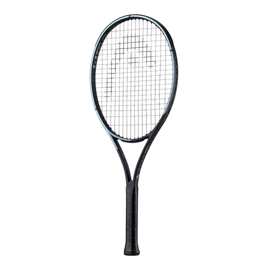 Head blue and black tennis racket with a black handle on a white background