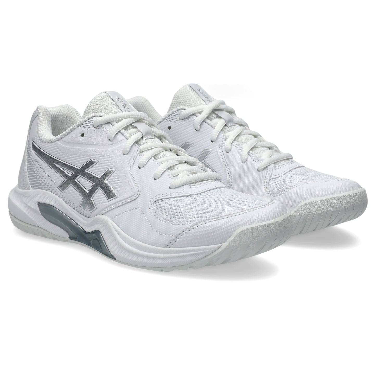 A pair of white tennis shoes with gray accents and white laces, shown from a three-quarters angle on a white background.